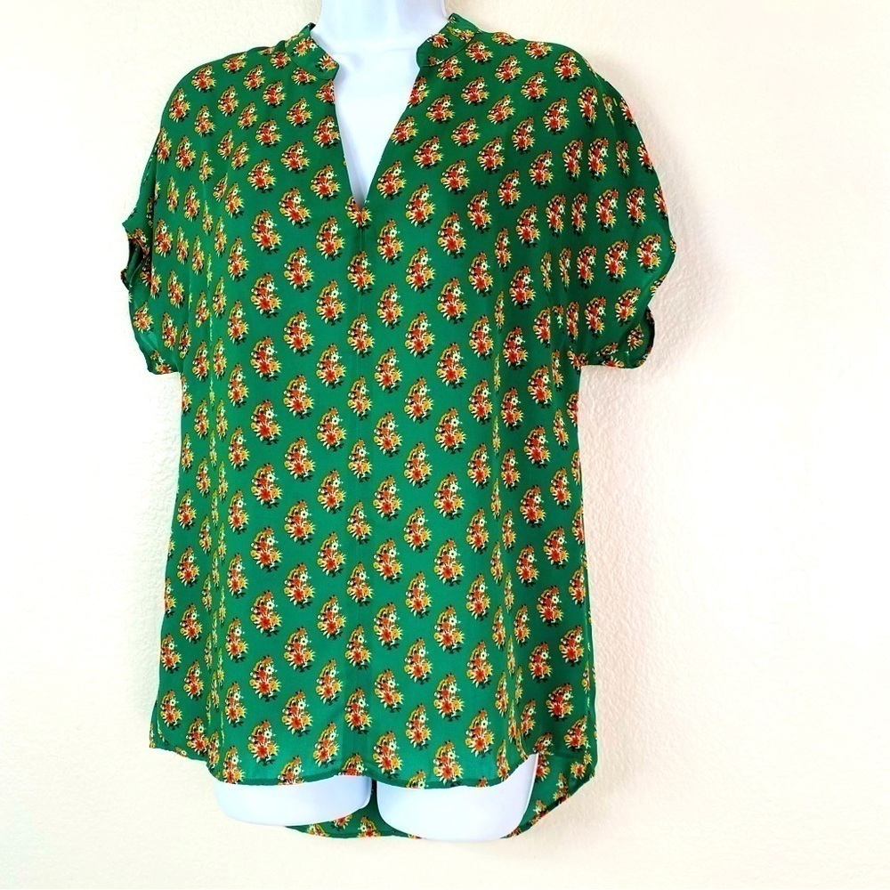 CAbi Green Floral Split-Neck Blouse